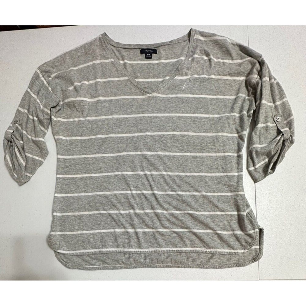 Nautica T-Shirt Roll Tab Sleeve Gray & White Striped V-Neck Logo Cotton Knit XXL